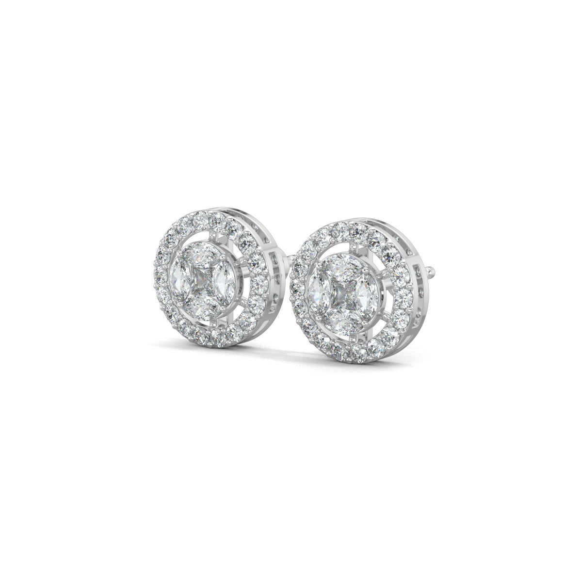 White Gold, Diamond Earrings, Cirque Crown Stud Earrings, Natural diamonds, Lab-grown diamond halo setting studs with round, princess cut, and marquise diamonds