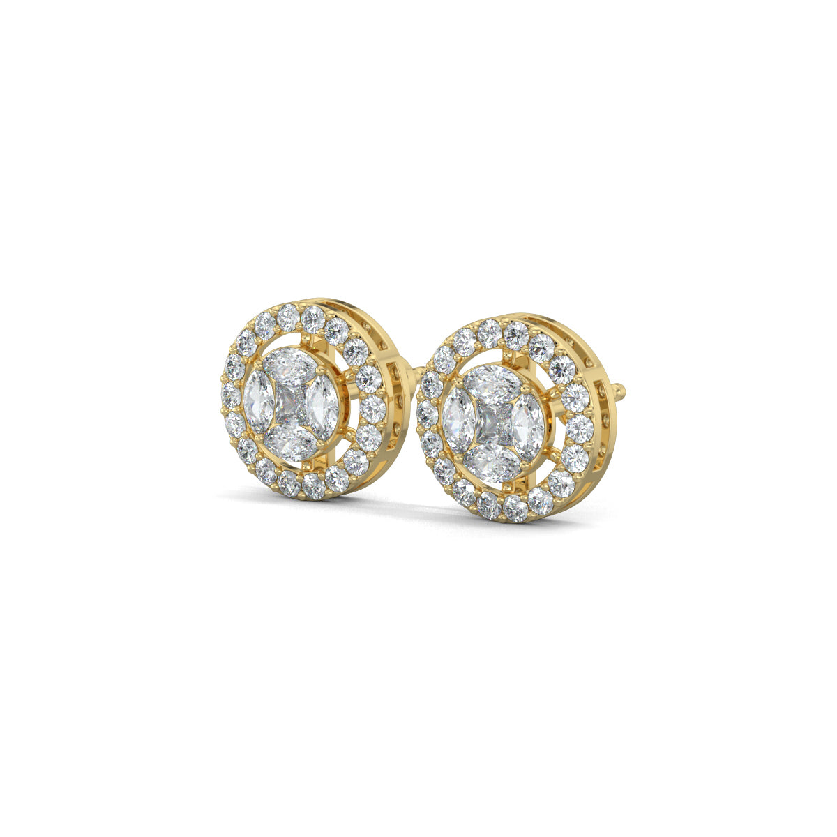 Yellow Gold, Diamond Earrings, Cirque Crown Stud Earrings, Natural diamonds, Lab-grown diamond halo setting studs with round, princess cut, and marquise diamonds