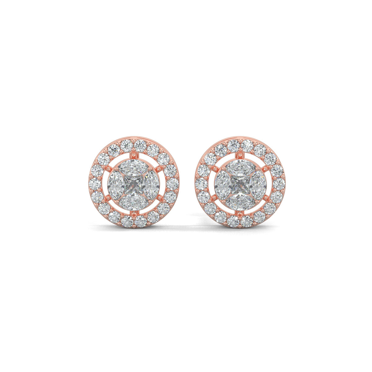 Rose Gold, Diamond Earrings, Cirque Crown Stud Earrings, Natural diamonds, Lab-grown diamond halo setting studs with round, princess cut, and marquise diamonds