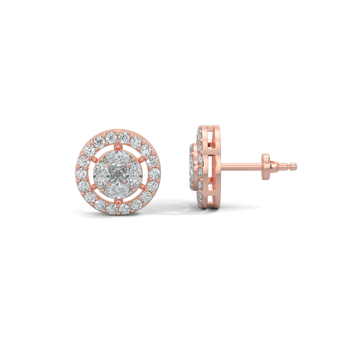 Rose Gold, Diamond Earrings, Cirque Crown Stud Earrings, Natural diamonds, Lab-grown diamond halo setting studs with round, princess cut, and marquise diamonds