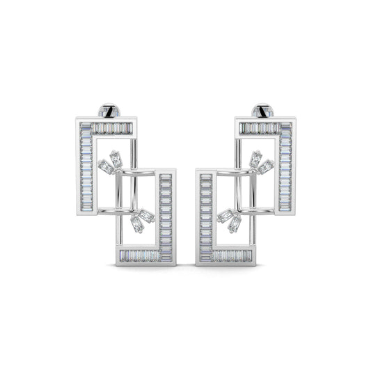 White Gold,  Diamond earrings, lab-grown diamonds, mid-length earrings, interconnected rectangles, baguette channeling, elegant jewelry, sophisticated design, ocassion jewellery