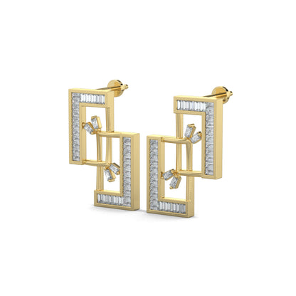 Yellow Gold,  Diamond earrings, lab-grown diamonds, mid-length earrings, interconnected rectangles, baguette channeling, elegant jewelry, sophisticated design, ocassion jewellery