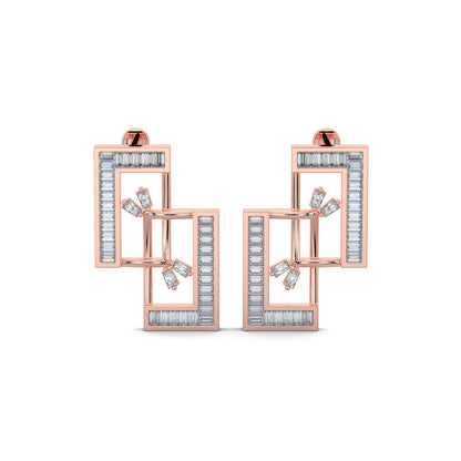 Rose Gold,  Diamond earrings, lab-grown diamonds, mid-length earrings, interconnected rectangles, baguette channeling, elegant jewelry, sophisticated design, ocassion jewellery