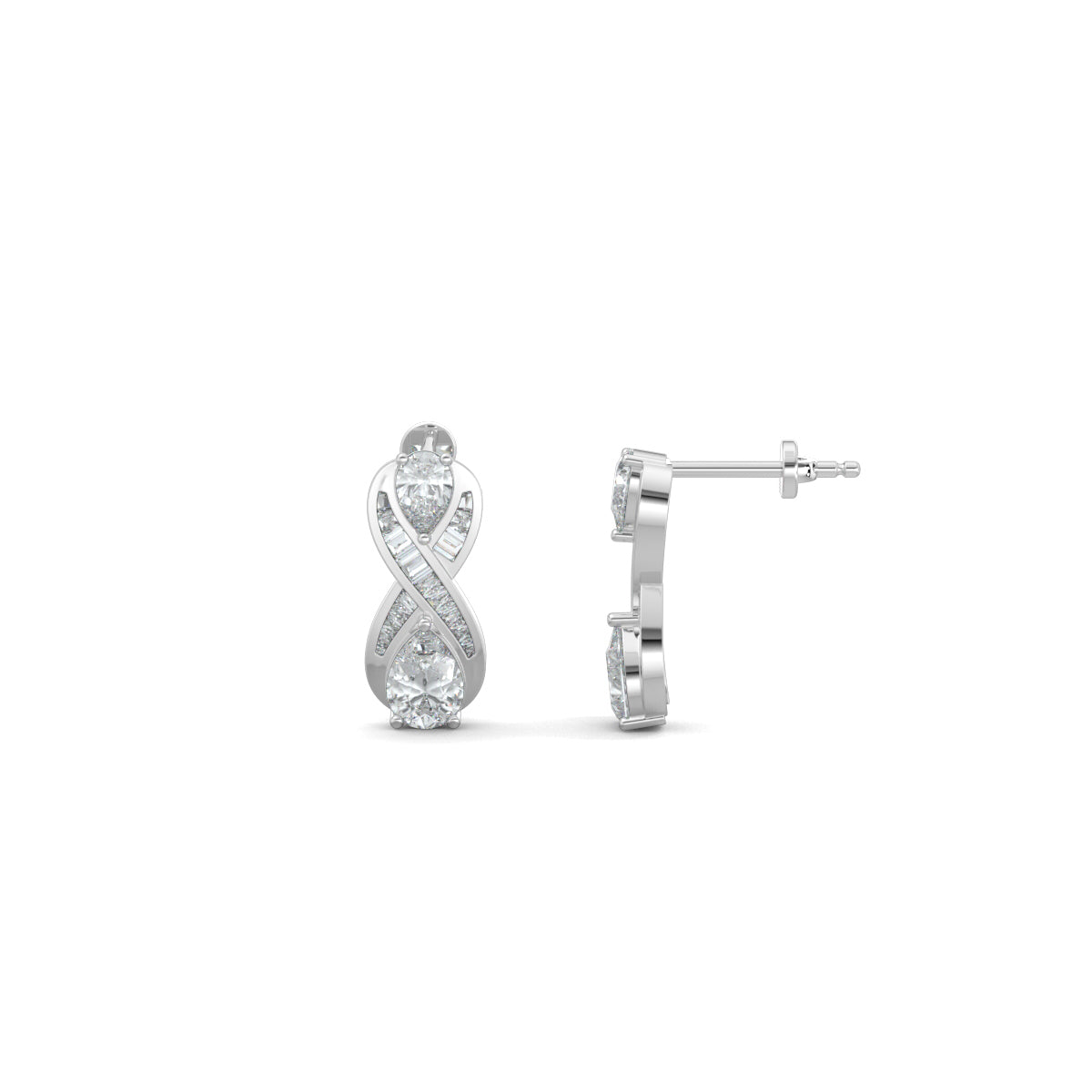 White Gold, Diamond Earrings, Natural diamond earrings, Lab-grown diamond earrings, Eight-shaped earrings, Baguette channeling, Pear diamonds, Infinite Glimmer Earrings, Sophisticated jewelry, Timeless elegance.