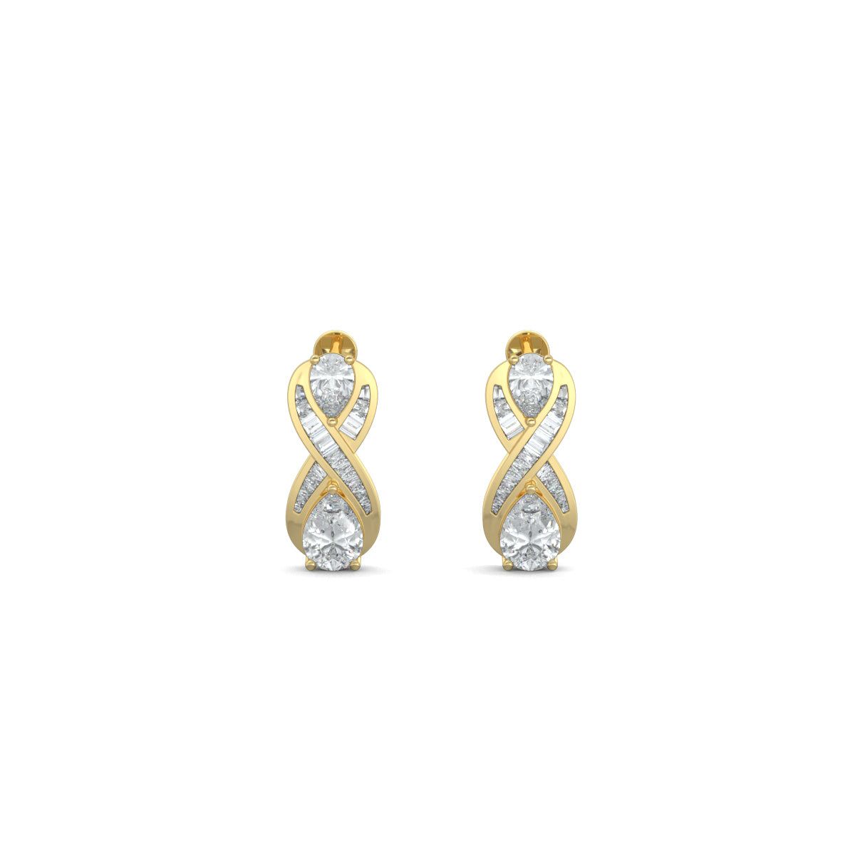 Yellow Gold, Diamond Earrings, Natural diamond earrings, Lab-grown diamond earrings, Eight-shaped earrings, Baguette channeling, Pear diamonds, Infinite Glimmer Earrings, Sophisticated jewelry, Timeless elegance.