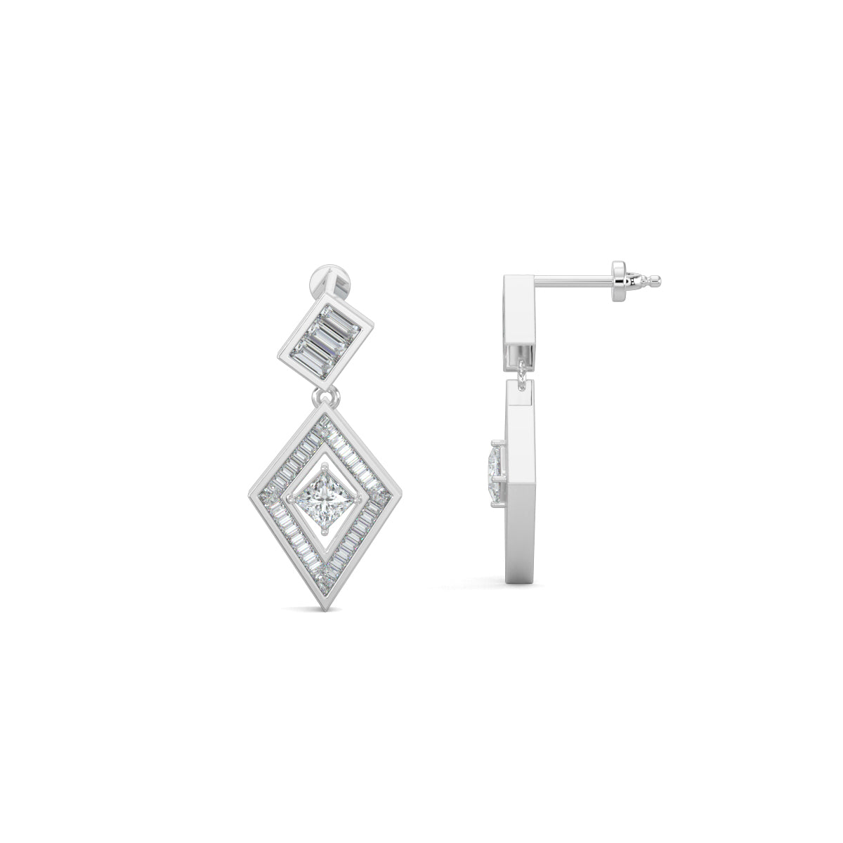 White Gold, Diamond Earrings, Natural diamond earrings, Lab-grown diamond earrings, PrismKite Earrings, Mid-length diamond earrings, Baguette-cut diamonds, Princess-cut diamond, Kite-shaped earrings, Modern diamond jewelry, Contemporary earrings, Luxury diamond earrings.