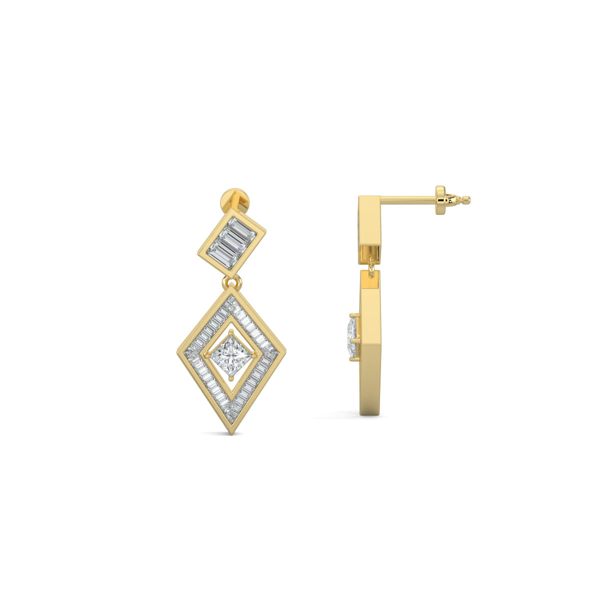 Yellow Gold, Diamond Earrings, Natural diamond earrings, Lab-grown diamond earrings, PrismKite Earrings, Mid-length diamond earrings, Baguette-cut diamonds, Princess-cut diamond, Kite-shaped earrings, Modern diamond jewelry, Contemporary earrings, Luxury diamond earrings.