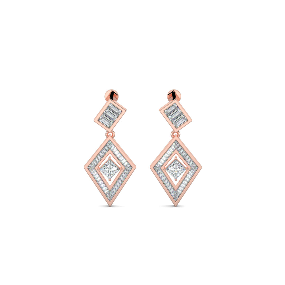 Rose Gold, Diamond Earrings, Natural diamond earrings, Lab-grown diamond earrings, PrismKite Earrings, Mid-length diamond earrings, Baguette-cut diamonds, Princess-cut diamond, Kite-shaped earrings, Modern diamond jewelry, Contemporary earrings, Luxury diamond earrings.
