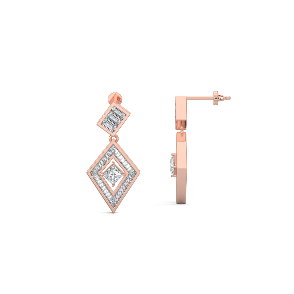 Rose Gold, Diamond Earrings, Natural diamond earrings, Lab-grown diamond earrings, PrismKite Earrings, Mid-length diamond earrings, Baguette-cut diamonds, Princess-cut diamond, Kite-shaped earrings, Modern diamond jewelry, Contemporary earrings, Luxury diamond earrings.