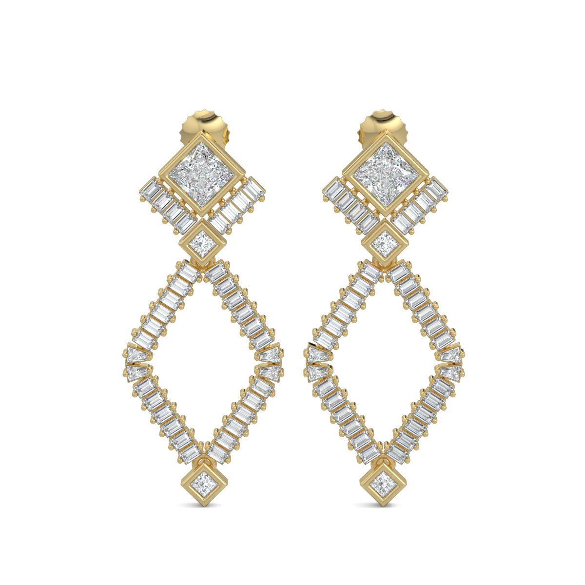 Yellow Gold, Diamond Earrings, Natural diamond earrings, Lab-grown diamond earrings, Crystal Dream Earrings, mid-length diamond earrings, princess cut diamond, baguette diamonds, elegant earrings, sophisticated jewelry