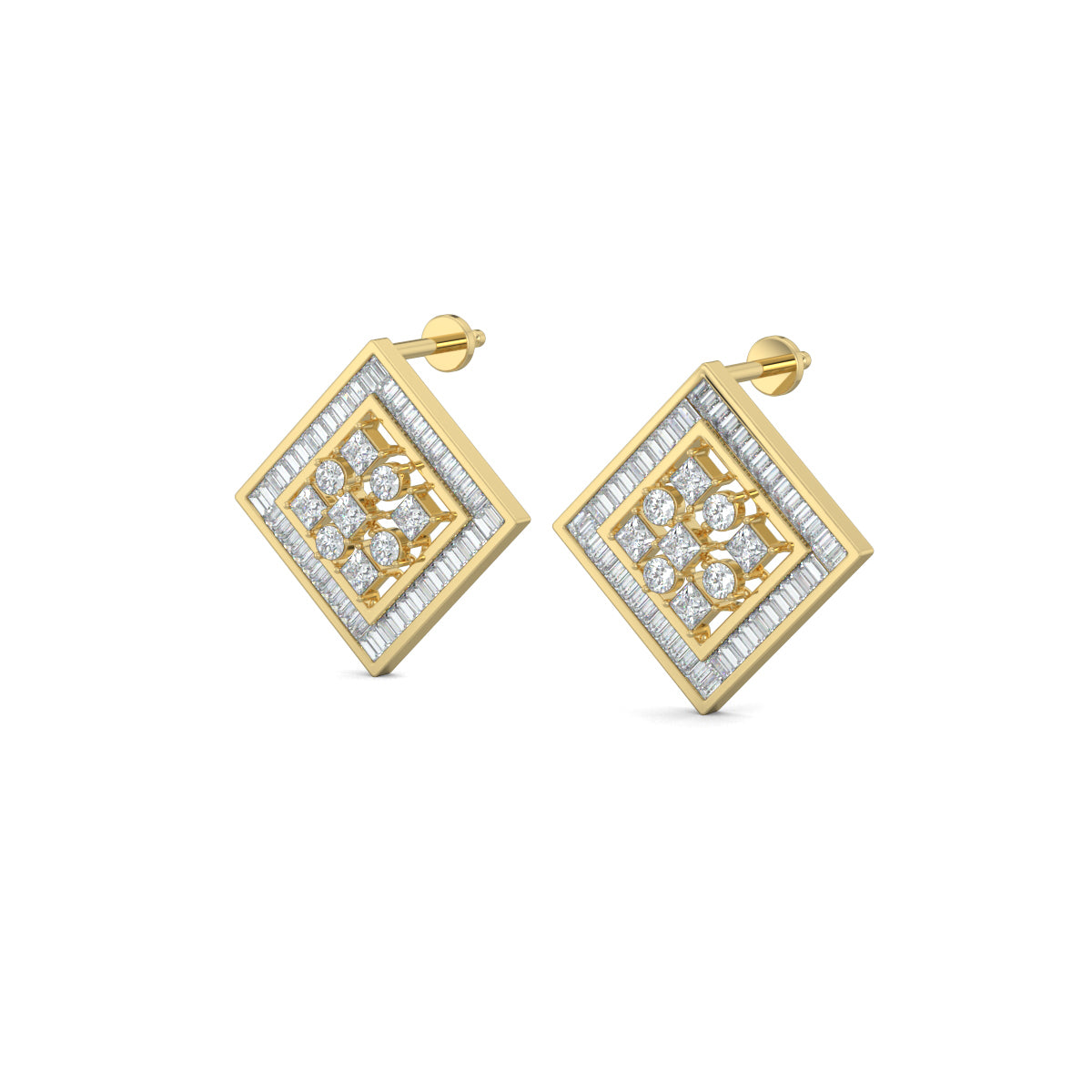 Yellow Gold, Diamond Earrings, Natural diamond stud earrings, Lab-grown diamond stud earrings, petite square shape, baguette channeling, round and princess-cut diamonds, elegant jewelry.
