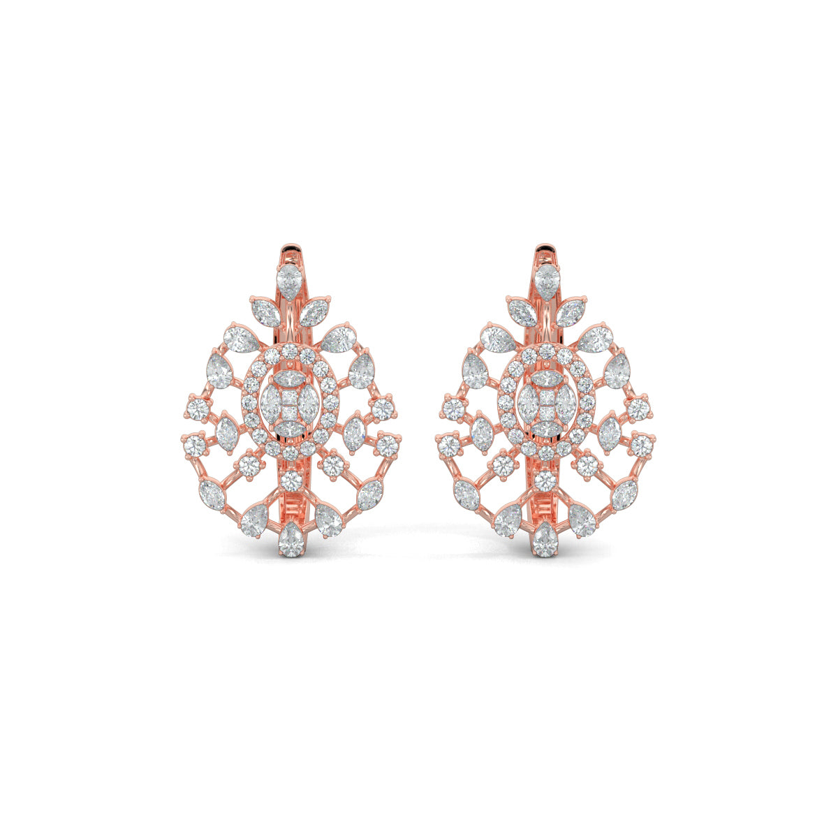 Rose Gold, Diamond Earrings, Natural diamond earrings, Lab-grown diamond earrings, Mosaic diamond earrings, mid-length diamond earrings, pear marquise round cut diamonds, scattered diamond earrings