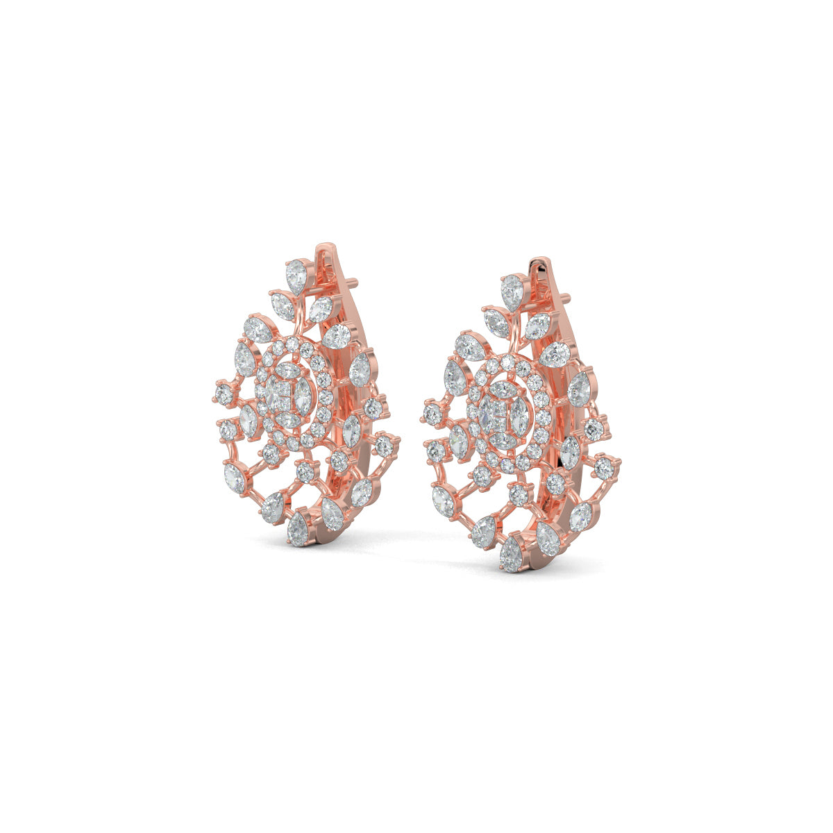 Rose Gold, Diamond Earrings, Natural diamond earrings, Lab-grown diamond earrings, Mosaic diamond earrings, mid-length diamond earrings, pear marquise round cut diamonds, scattered diamond earrings