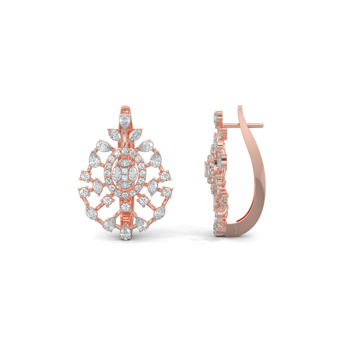 Rose Gold, Diamond Earrings, Natural diamond earrings, Lab-grown diamond earrings, Mosaic diamond earrings, mid-length diamond earrings, pear marquise round cut diamonds, scattered diamond earrings