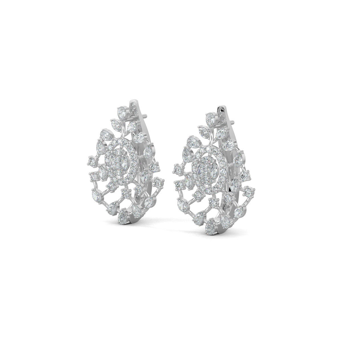 White Gold, Diamond Earrings, Natural diamond earrings, Lab-grown diamond earrings, Mosaic diamond earrings, mid-length diamond earrings, pear marquise round cut diamonds, scattered diamond earrings