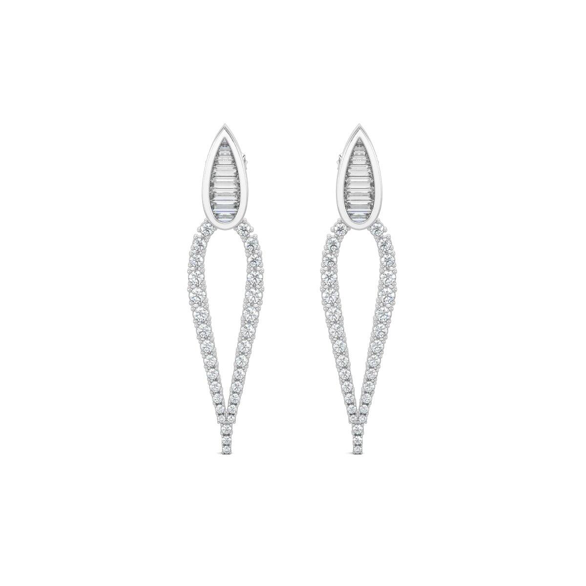 White Gold, Diamond Earrings, Natural diamond earrings, Lab-grown diamond earrings, long pear-shaped diamond earrings, baguette diamond earrings, round diamond border earrings, elegant drop earrings, luxury diamond jewelry