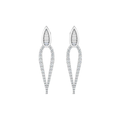 White Gold, Diamond Earrings, Natural diamond earrings, Lab-grown diamond earrings, long pear-shaped diamond earrings, baguette diamond earrings, round diamond border earrings, elegant drop earrings, luxury diamond jewelry