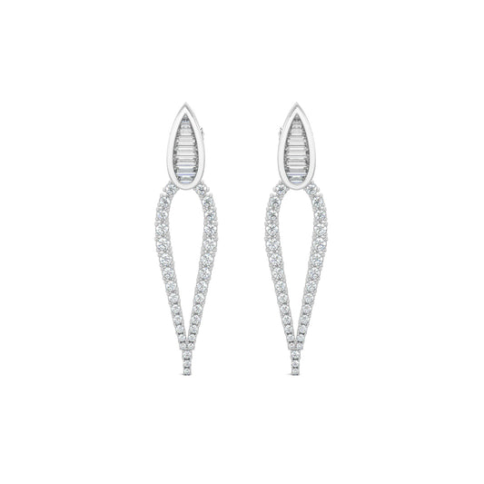 White Gold, Diamond Earrings, Natural diamond earrings, Lab-grown diamond earrings, long pear-shaped diamond earrings, baguette diamond earrings, round diamond border earrings, elegant drop earrings, luxury diamond jewelry