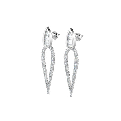 White Gold, Diamond Earrings, Natural diamond earrings, Lab-grown diamond earrings, long pear-shaped diamond earrings, baguette diamond earrings, round diamond border earrings, elegant drop earrings, luxury diamond jewelry