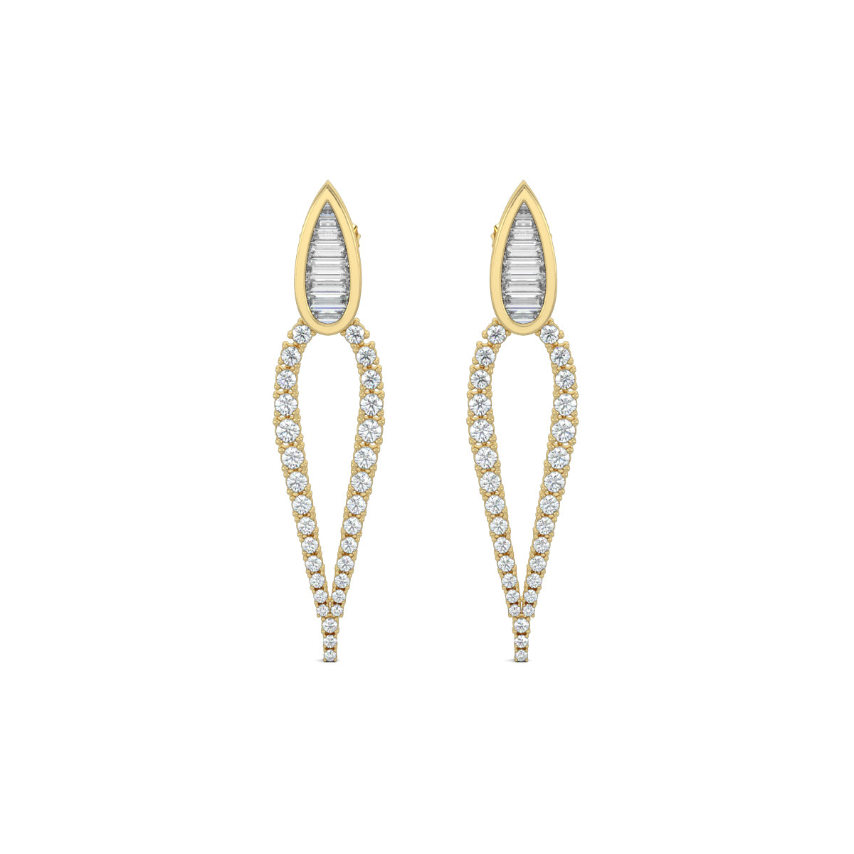 Yellow Gold, Diamond Earrings, Natural diamond earrings, Lab-grown diamond earrings, long pear-shaped diamond earrings, baguette diamond earrings, round diamond border earrings, elegant drop earrings, luxury diamond jewelry