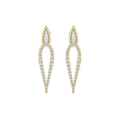 Yellow Gold, Diamond Earrings, Natural diamond earrings, Lab-grown diamond earrings, long pear-shaped diamond earrings, baguette diamond earrings, round diamond border earrings, elegant drop earrings, luxury diamond jewelry