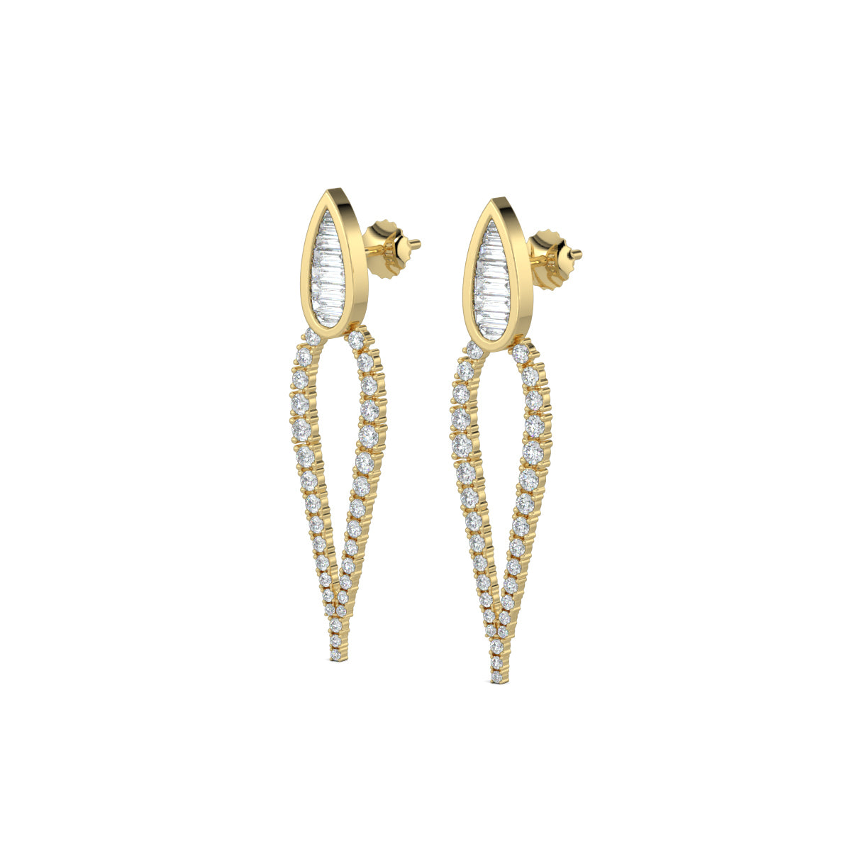 Yellow Gold, Diamond Earrings, Natural diamond earrings, Lab-grown diamond earrings, long pear-shaped diamond earrings, baguette diamond earrings, round diamond border earrings, elegant drop earrings, luxury diamond jewelry