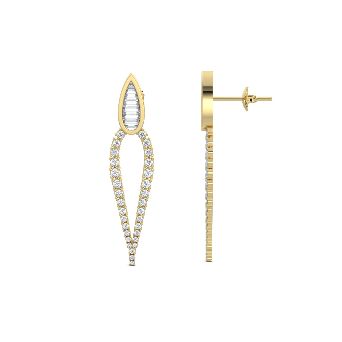 Yellow Gold, Diamond Earrings, Natural diamond earrings, Lab-grown diamond earrings, long pear-shaped diamond earrings, baguette diamond earrings, round diamond border earrings, elegant drop earrings, luxury diamond jewelry