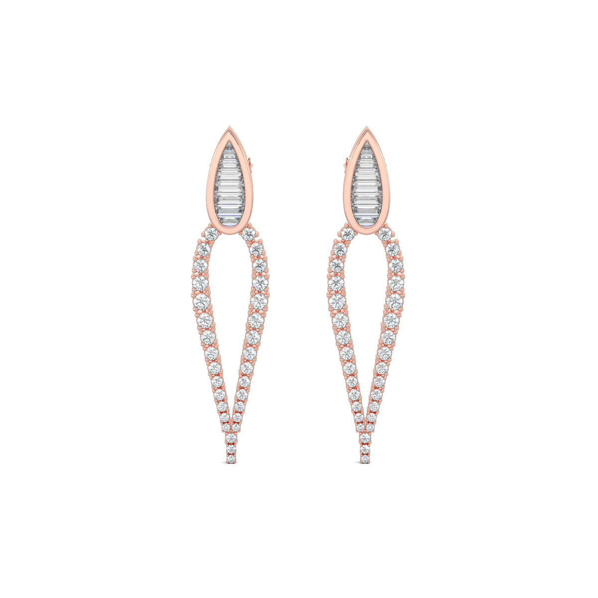 Rose Gold, Diamond Earrings, Natural diamond earrings, Lab-grown diamond earrings, long pear-shaped diamond earrings, baguette diamond earrings, round diamond border earrings, elegant drop earrings, luxury diamond jewelry