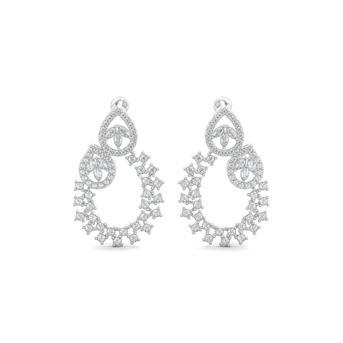 White Gold, Diamond Earrings, Natural diamond earrings, Lab-grown diamond earrings, traditional design earrings, mid-length diamond earrings, pear-shaped diamonds, oval diamond earrings, marquise-cut diamonds, round diamonds, elegant diamond jewelry