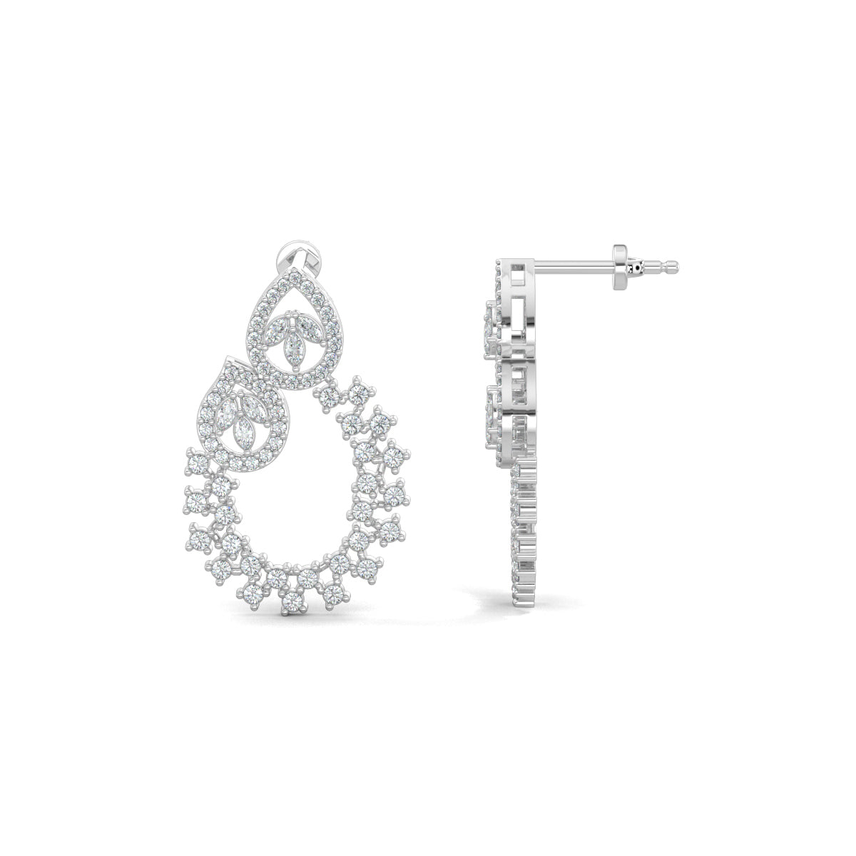 White Gold, Diamond Earrings, Natural diamond earrings, Lab-grown diamond earrings, traditional design earrings, mid-length diamond earrings, pear-shaped diamonds, oval diamond earrings, marquise-cut diamonds, round diamonds, elegant diamond jewelry