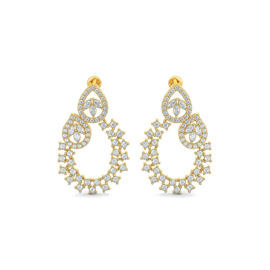 Yellow Gold, Diamond Earrings, Natural diamond earrings, Lab-grown diamond earrings, traditional design earrings, mid-length diamond earrings, pear-shaped diamonds, oval diamond earrings, marquise-cut diamonds, round diamonds, elegant diamond jewelry