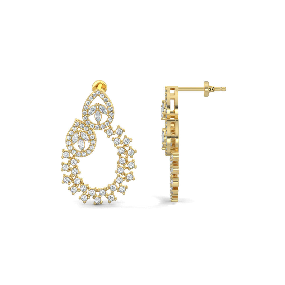 Yellow Gold, Diamond Earrings, Natural diamond earrings, Lab-grown diamond earrings, traditional design earrings, mid-length diamond earrings, pear-shaped diamonds, oval diamond earrings, marquise-cut diamonds, round diamonds, elegant diamond jewelry