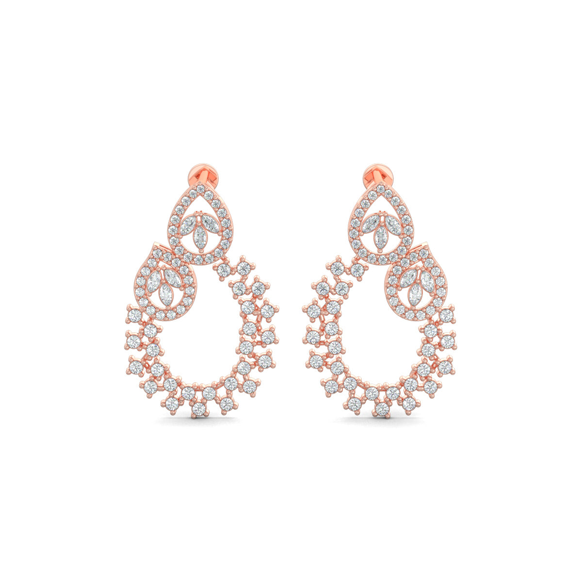 Rose Gold, Diamond Earrings, Natural diamond earrings, Lab-grown diamond earrings, traditional design earrings, mid-length diamond earrings, pear-shaped diamonds, oval diamond earrings, marquise-cut diamonds, round diamonds, elegant diamond jewelry