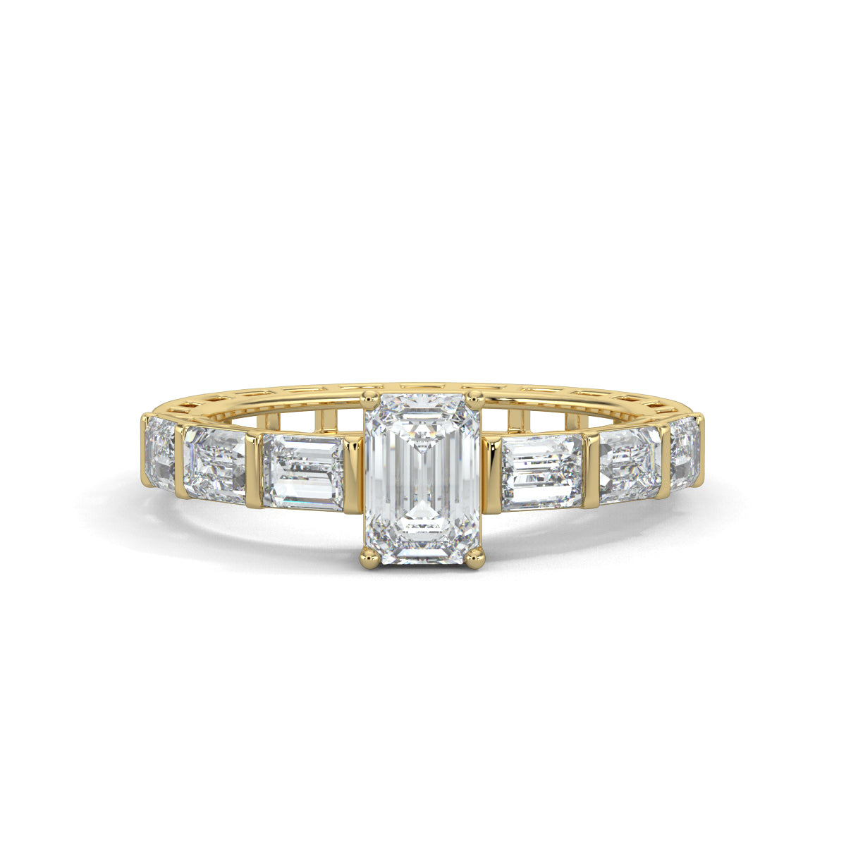 Yellow Gold, Diamond Ring, Natural diamond ring, Lab-grown diamond ring, emerald solitaire ring, eternity band, gallery-normal band, baguette diamonds, luxury jewelry, special occasion ring, emerald dreamscape band, elegant ring.