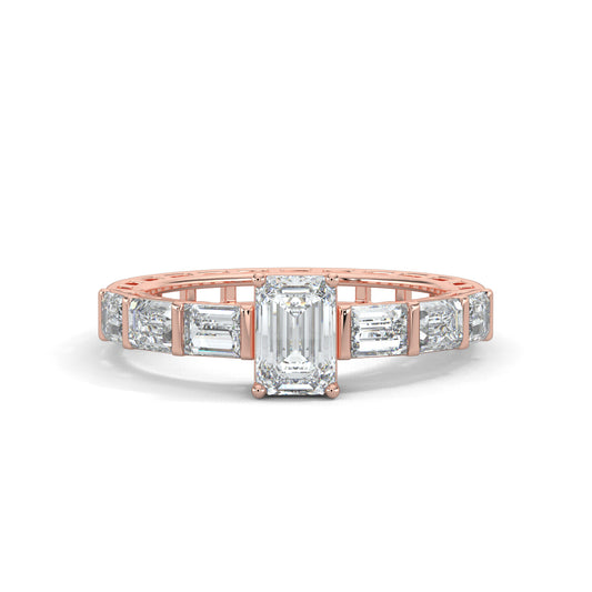 Rose Gold, Diamond Ring, Natural diamond ring, Lab-grown diamond ring, emerald solitaire ring, eternity band, gallery-normal band, baguette diamonds, luxury jewelry, special occasion ring, emerald dreamscape band, elegant ring.