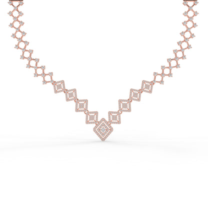 Rose Gold, Diamond Necklace, Natural diamond necklace, Lab-grown diamond necklace, Casual Jewelry, Halo Setting, Princess-Cut Diamond, Round Diamonds, Matching Earrings, Everyday Elegance