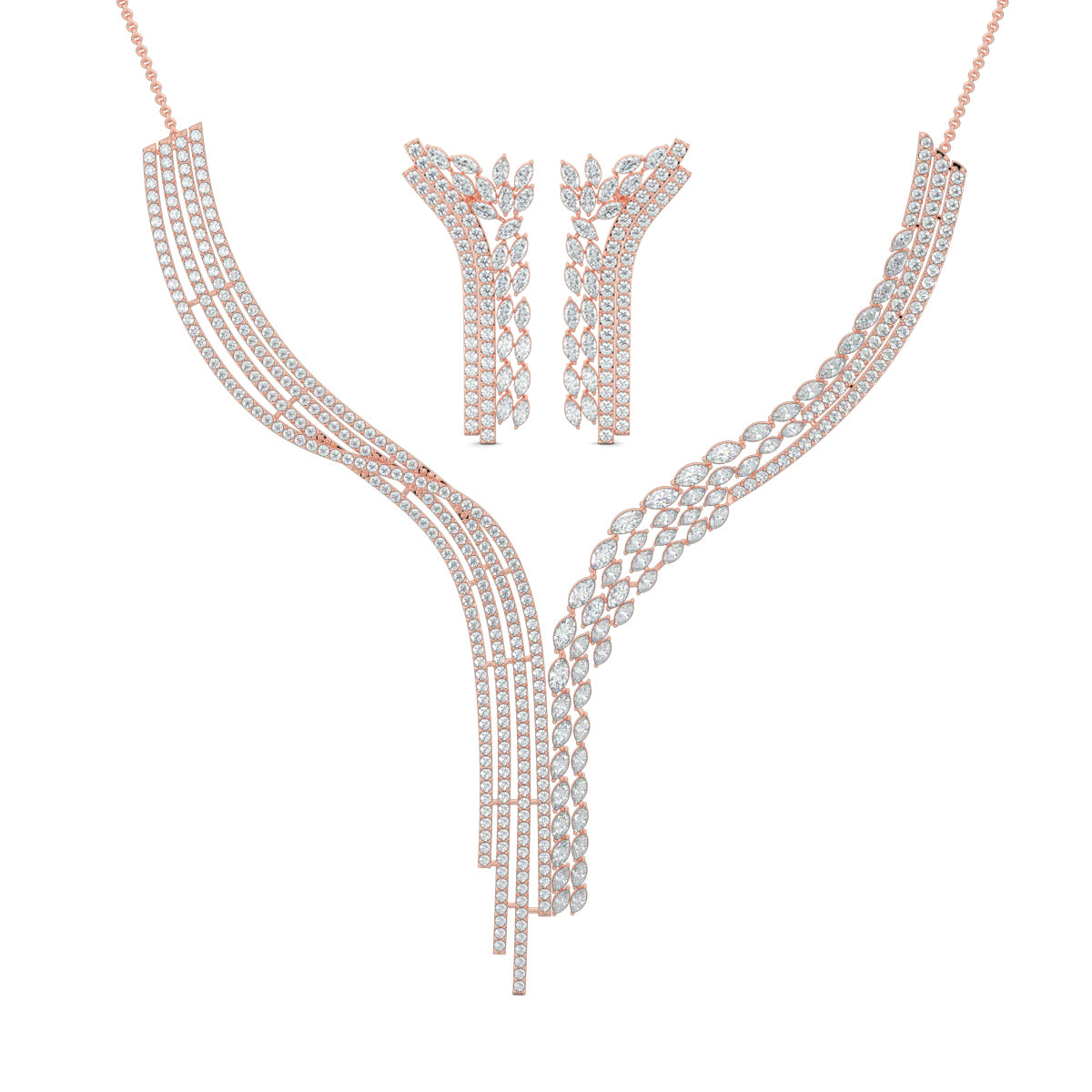 Rose Gold, Diamond Necklace, Natural diamond necklace, Lab-grown diamond necklace, Lariat Necklace, Diamond Necklace Set, Casual Diamond Jewelry, Elegant Jewelry, Matching Earrings Set, Modern Diamond Jewelry, Refined Luxury, Unique Necklace Design