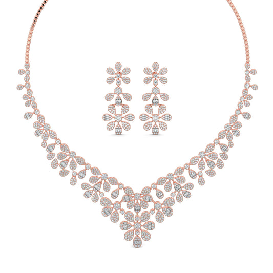 Rose Gold, Diamond Necklace, Natural diamond necklace, Lab-grown diamond necklace, Floral Necklace, Casual Jewelry, Illusion Setting, Baguette and Round Diamonds, Everyday Elegance