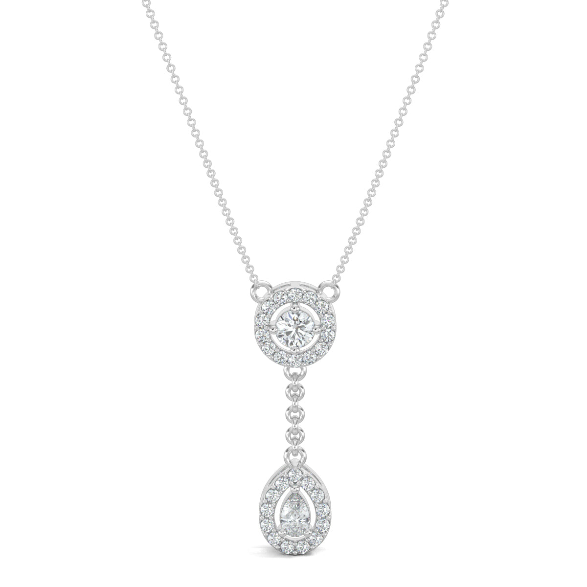 White Gold, Diamond Pendants, Natural diamond pendant, Lab-grown diamond pendant, casual pendant, id length pendant, circular border, round diamond, halo setting, drop-shaped border, pear diamond, delicate chain, elegant pendant.