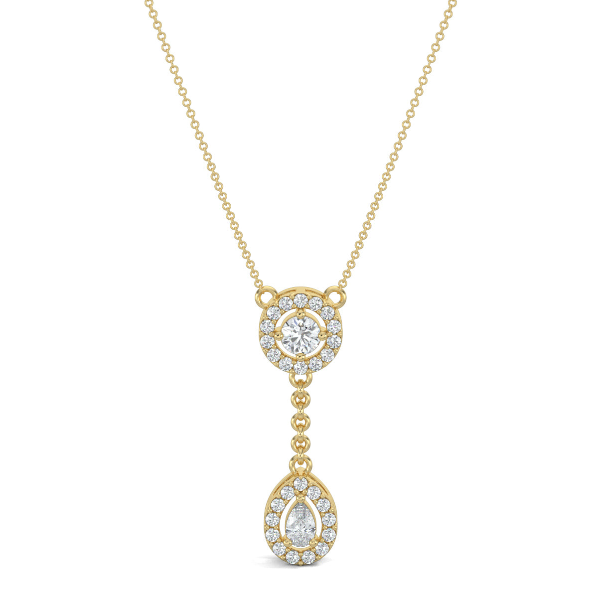 Yellow Gold, Diamond Pendants, Natural diamond pendant, Lab-grown diamond pendant, casual pendant, id length pendant, circular border, round diamond, halo setting, drop-shaped border, pear diamond, delicate chain, elegant pendant.