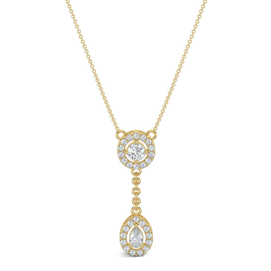 Yellow Gold, Diamond Pendants, Natural diamond pendant, Lab-grown diamond pendant, casual pendant, id length pendant, circular border, round diamond, halo setting, drop-shaped border, pear diamond, delicate chain, elegant pendant.