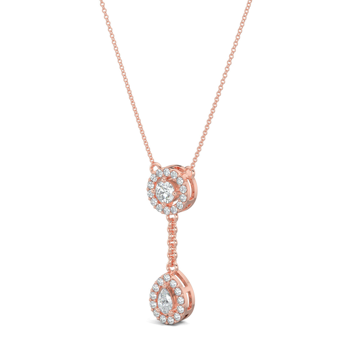 Rose Gold, Diamond Pendants, Natural diamond pendant, Lab-grown diamond pendant, casual pendant, id length pendant, circular border, round diamond, halo setting, drop-shaped border, pear diamond, delicate chain, elegant pendant.