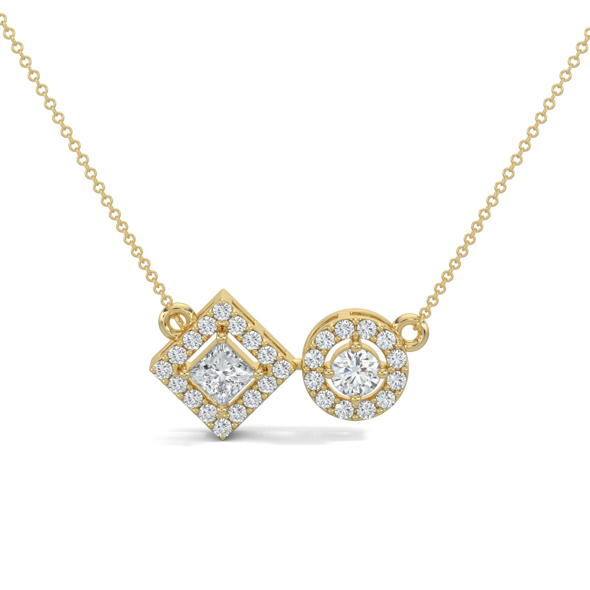 Yellow Gold, Diamond Pendant, Modern Duo Pendant, Natural diamonds, Lab-Grown Diamonds Pendant, Princess Cut Diamond Pendant, Halo Setting Pendant, Contemporary Jewelry, Elegant Pendant, Casual Pendant, Timeless Design, Ethical Diamonds