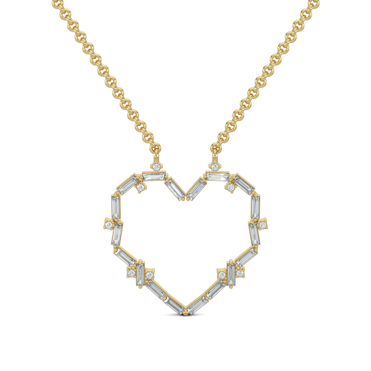 Yellow Gold, Diamond Pendant, Ethereal Love Pendant, Lab-grown diamonds, heart-shaped pendant, baguette diamonds, round diamonds, casual jewelry