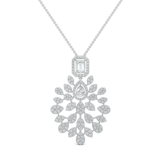 White Gold, Diamond Pendants, Serene elegance diamond pendant, natural diamond, lab-grown diamond, traditional-inspired jewelry, emerald-cut diamond, pear-shaped diamond, kadi work, pave setting, sparkling diamonds, elegant pendant