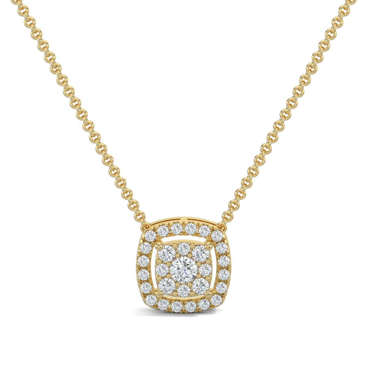 Yellow Gold, Diamond Pendants, Square glimmer pendant, natural diamonds, lab-grown diamonds, halo setting, square pendant, pave diamonds, elegant jewelry
