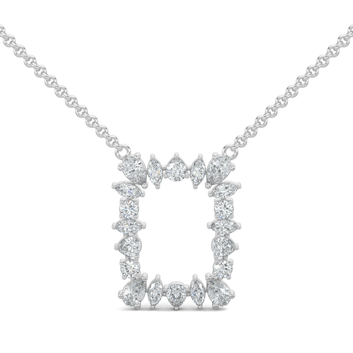 White Gold, Diamond Pendants, Natural diamond pendant, Lab-grown diamond pendant, casual pendant, rectangle metal pendant, marquise diamonds, pear diamonds, round diamonds, elegant jewelry, sustainable luxury, everyday sparkle.