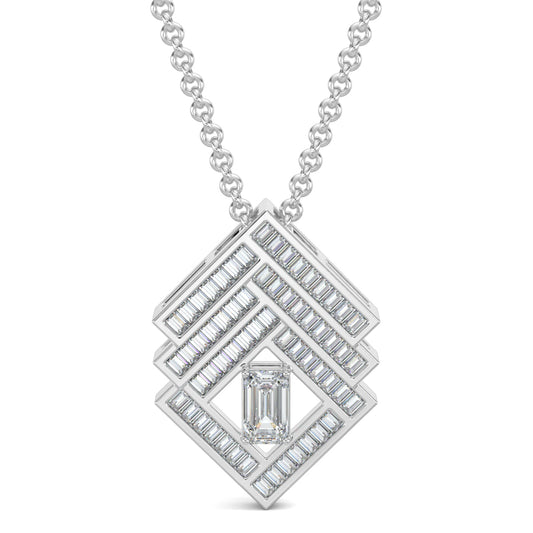 White Gold, Diamond Pendant, Natural Diamonds, Lab-grown Diamonds, Brilliant cube pendant set, emerald cut diamond pendant, baguette diamond border, casual pendant set, diamond earrings