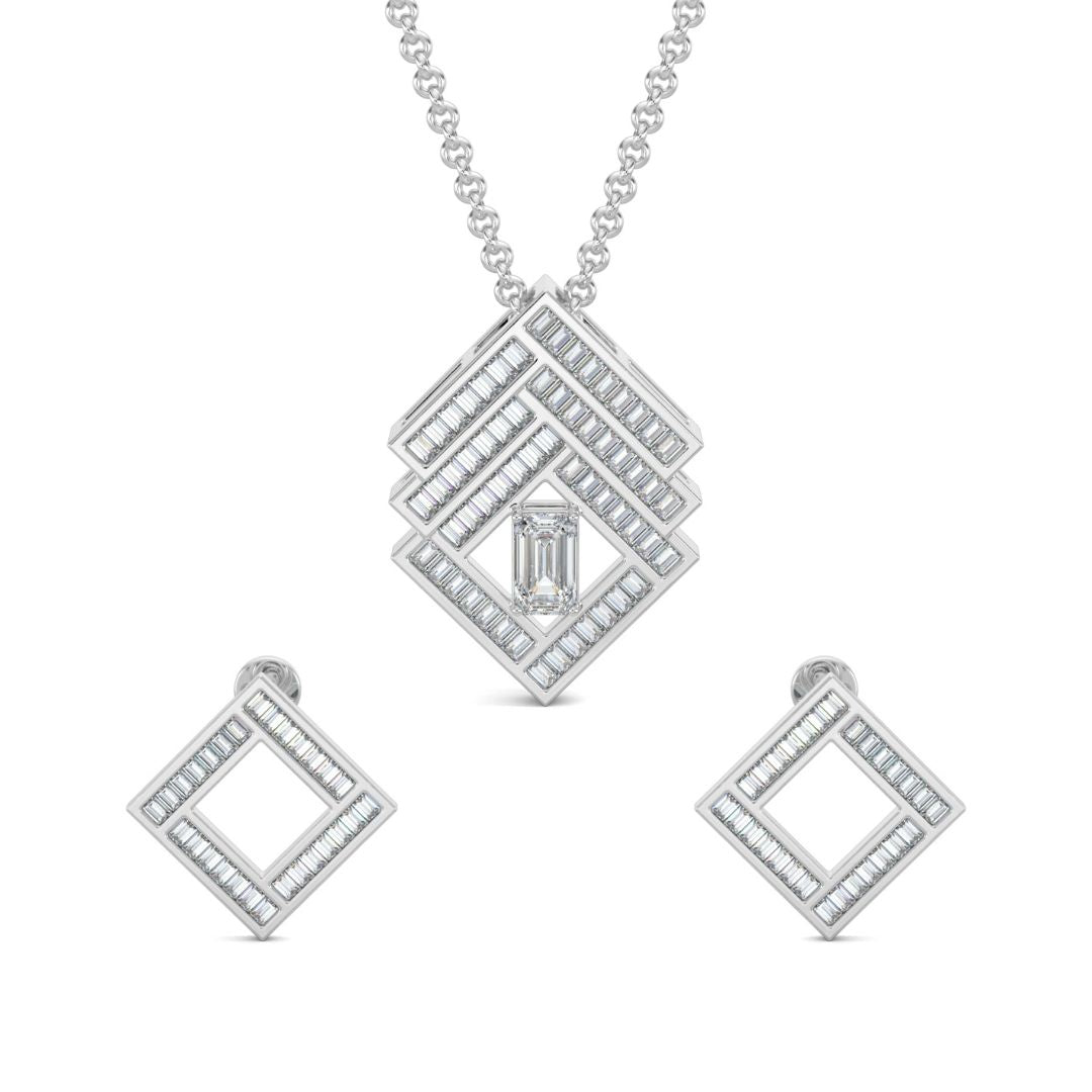 White Gold, Diamond Pendant, Natural Diamonds, Lab-grown Diamonds, Brilliant cube pendant set, emerald cut diamond pendant, baguette diamond border, casual pendant set, diamond earrings