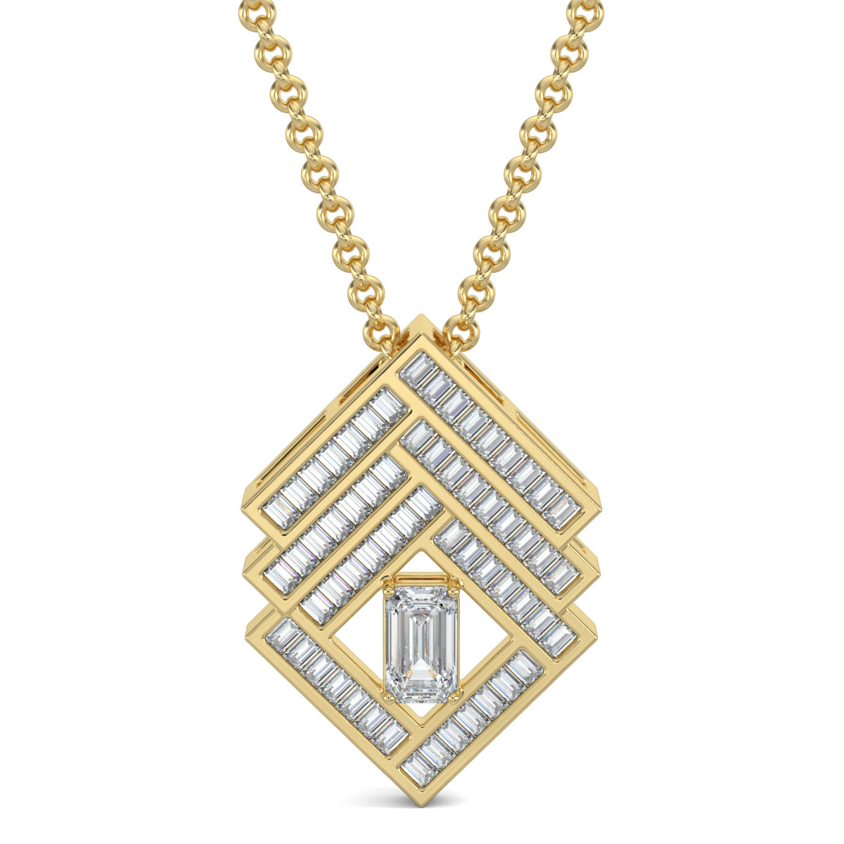 Yellow Gold, Diamond Pendant, Natural Diamonds, Lab-grown Diamonds, Brilliant cube pendant set, emerald cut diamond pendant, baguette diamond border, casual pendant set, diamond earrings